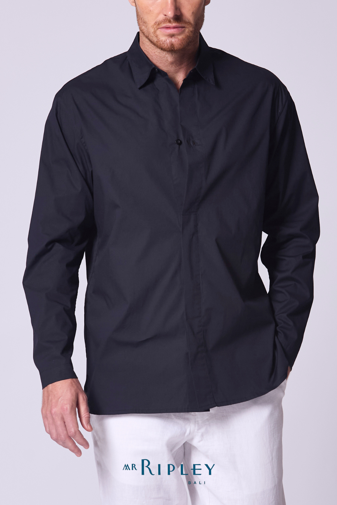 Tab Front Cotton Voile Shirt in Navy