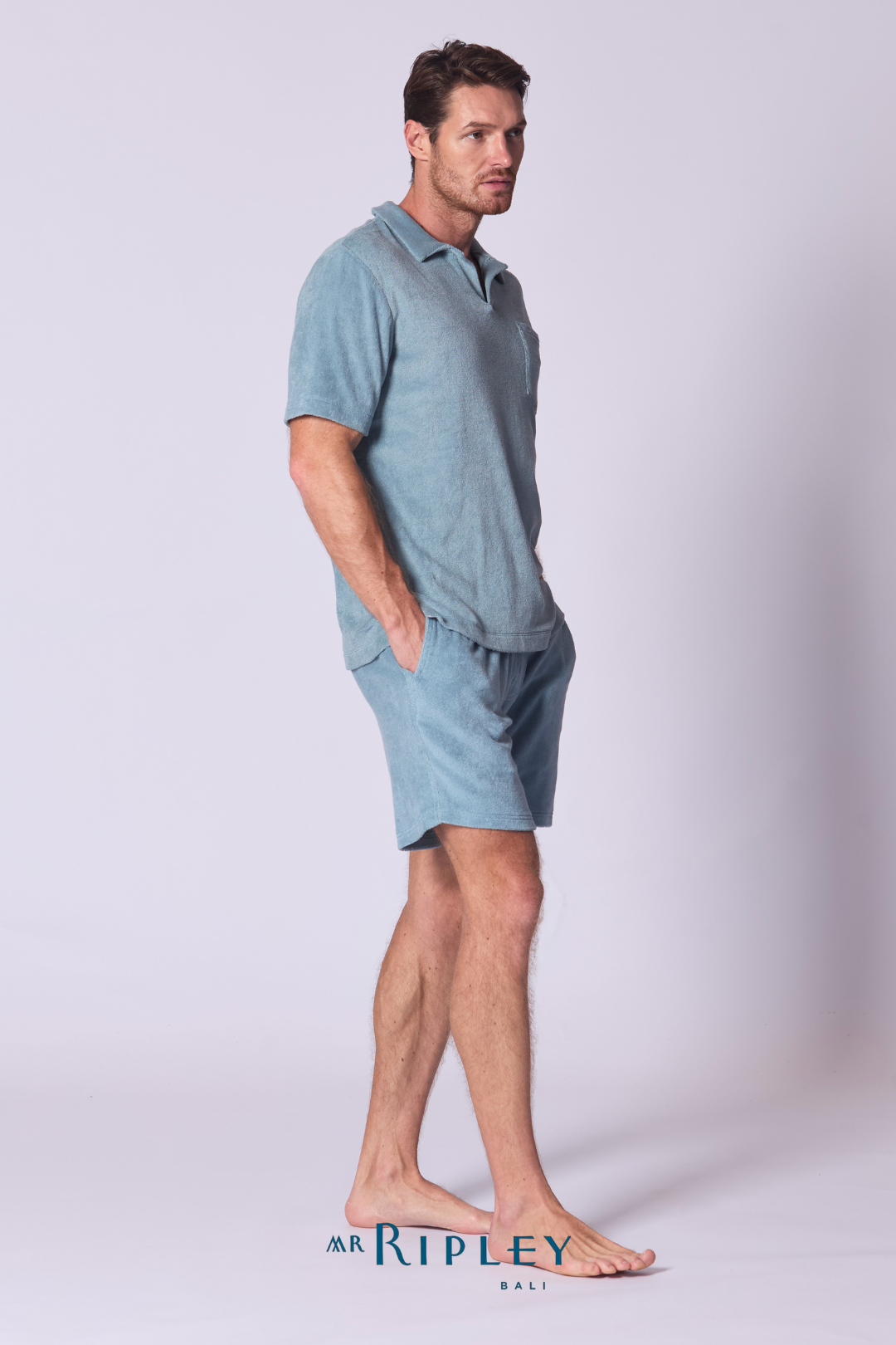 Cotton Terry Towelling Polo Shirt in Capri Blue