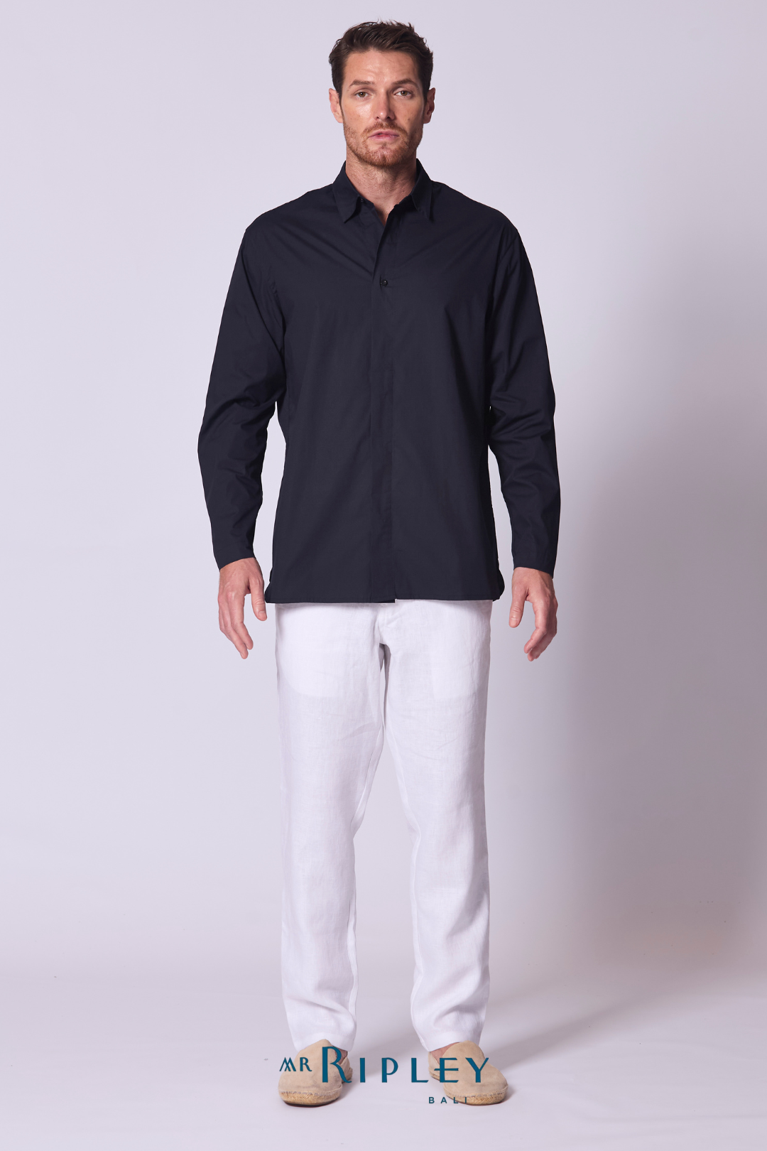 Tab Front Cotton Voile Shirt in Navy