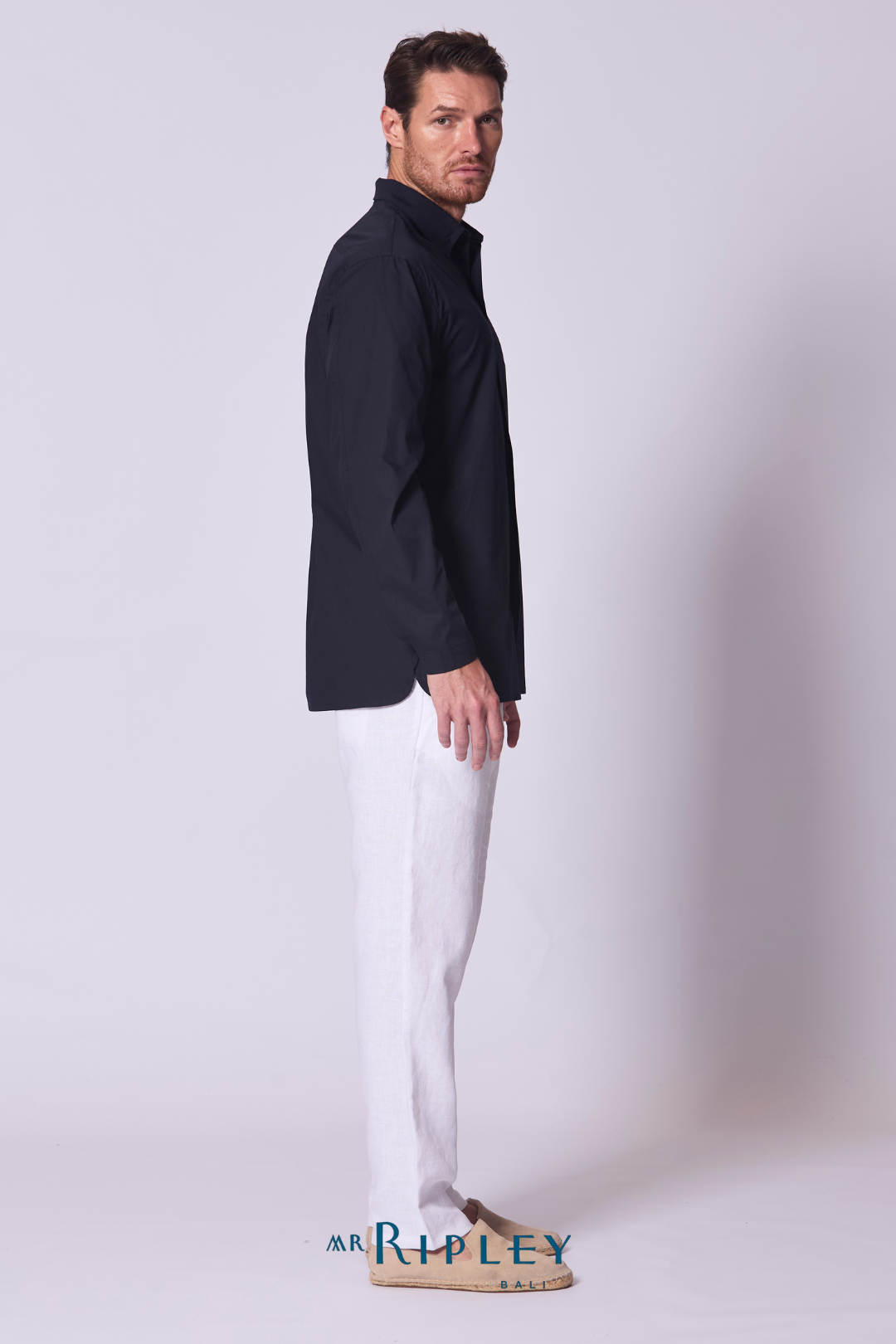 Tab Front Cotton Voile Shirt in Navy