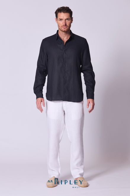Long Sleeve Linen Shirt with Seam Detail Navy Blue