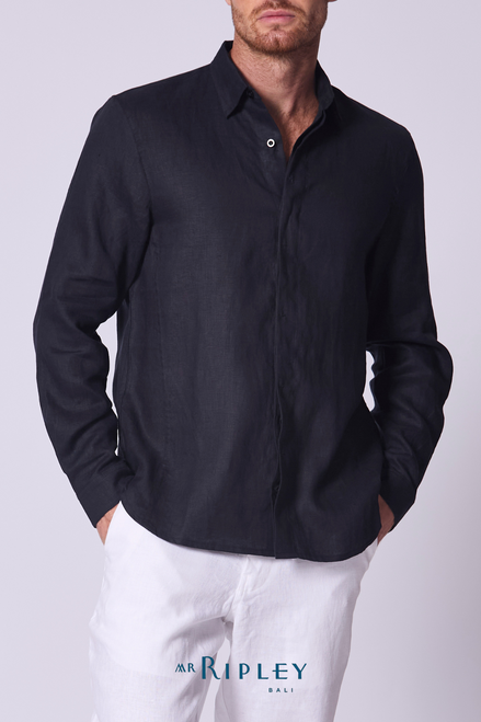 Long Sleeve Linen Shirt with Seam Detail Navy Blue