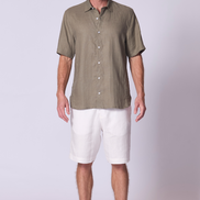 Short Sleeve Linen Shirt with Seam Detail in Olive Green