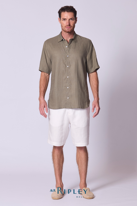 Short Sleeve Linen Shirt with Seam Detail in Olive Green