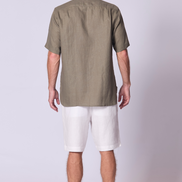 Short Sleeve Linen Shirt with Seam Detail in Olive Green