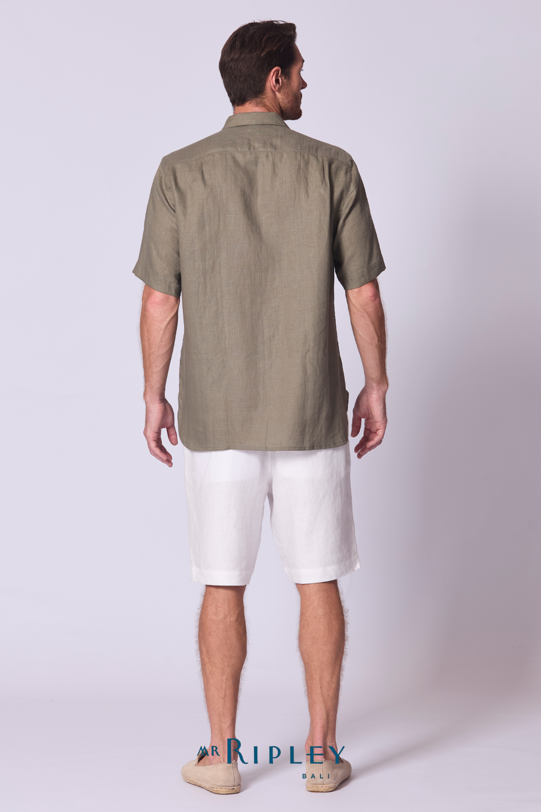 Short Sleeve Linen Shirt with Seam Detail in Olive Green