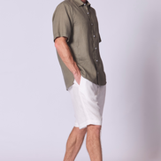 Short Sleeve Linen Shirt with Seam Detail in Olive Green