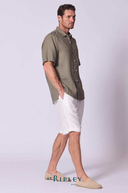 Short Sleeve Linen Shirt with Seam Detail in Olive Green
