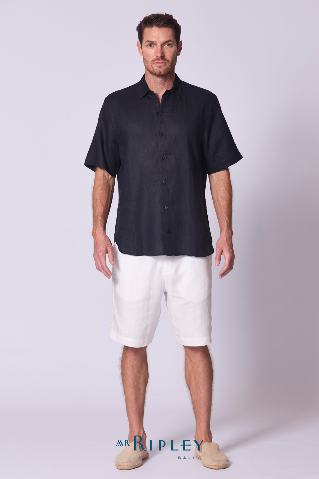Short Sleeve Linen Shirt with Seam Detail Navy Blue