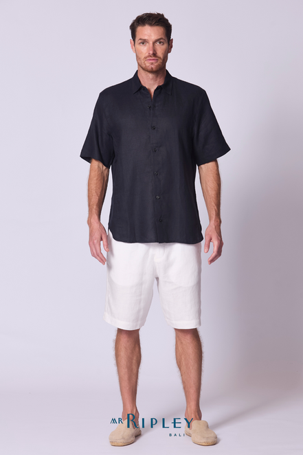 Short Sleeve Linen Shirt with Seam Detail Navy Blue