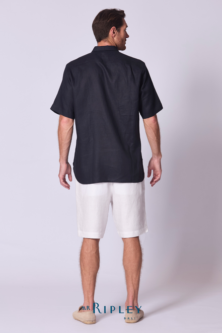 Short Sleeve Linen Shirt with Seam Detail Navy Blue