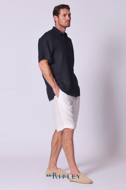 Short Sleeve Linen Shirt with Seam Detail Navy Blue