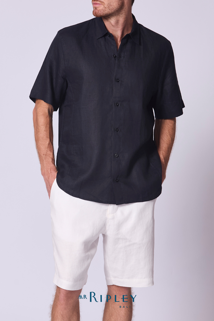 Short Sleeve Linen Shirt with Seam Detail Navy Blue