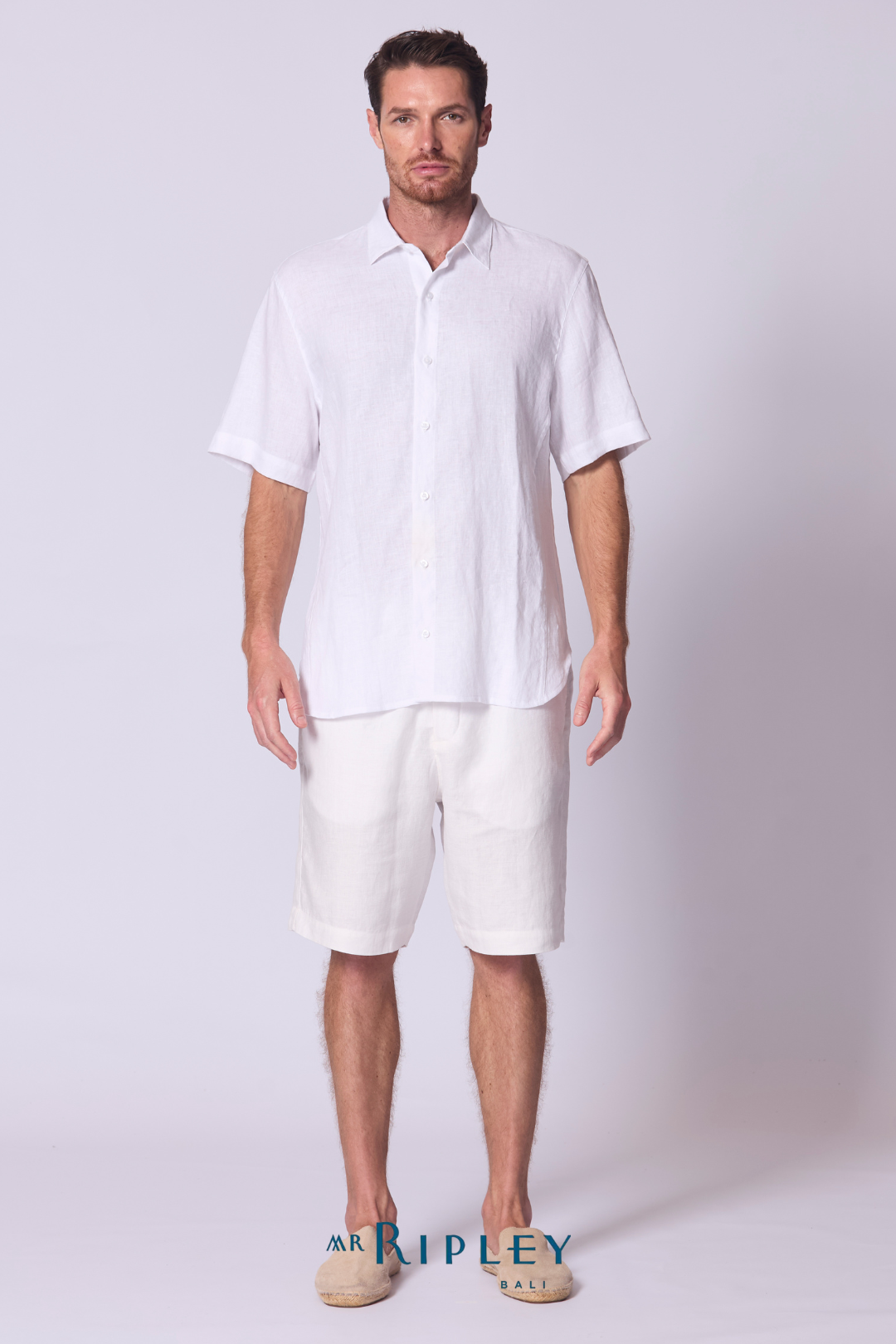 Short Sleeve Linen Shirt with Seam Detail in White