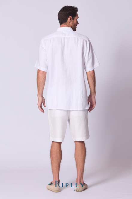 Short Sleeve Linen Shirt with Seam Detail in White