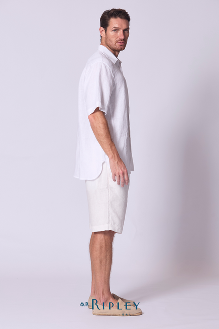Short Sleeve Linen Shirt with Seam Detail in White