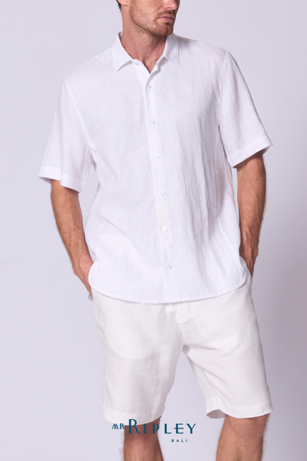 Short Sleeve Linen Shirt with Seam Detail in White