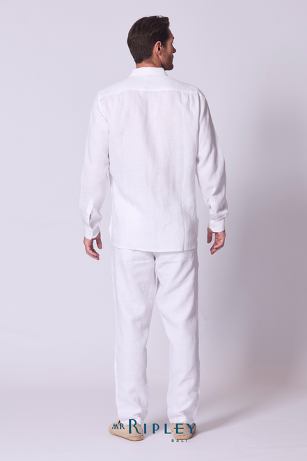 Kemeja Lengan Panjang Linen dengan Detail Jahitan Warna Putih