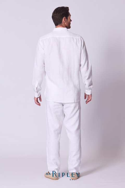 Kemeja Lengan Panjang Linen dengan Detail Jahitan Warna Putih
