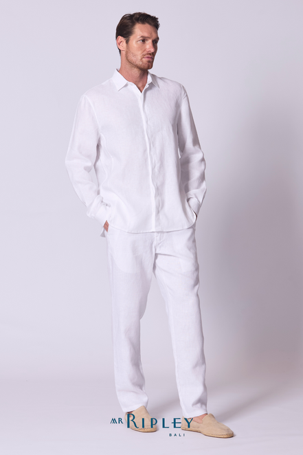 Kemeja Lengan Panjang Linen dengan Detail Jahitan Warna Putih