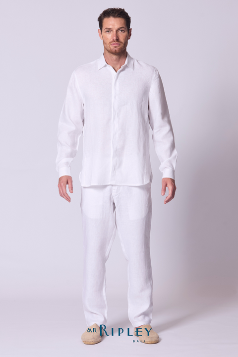 Kemeja Lengan Panjang Linen dengan Detail Jahitan Warna Putih