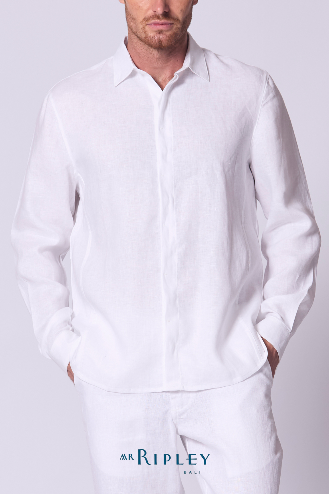 Kemeja Lengan Panjang Linen dengan Detail Jahitan Warna Putih