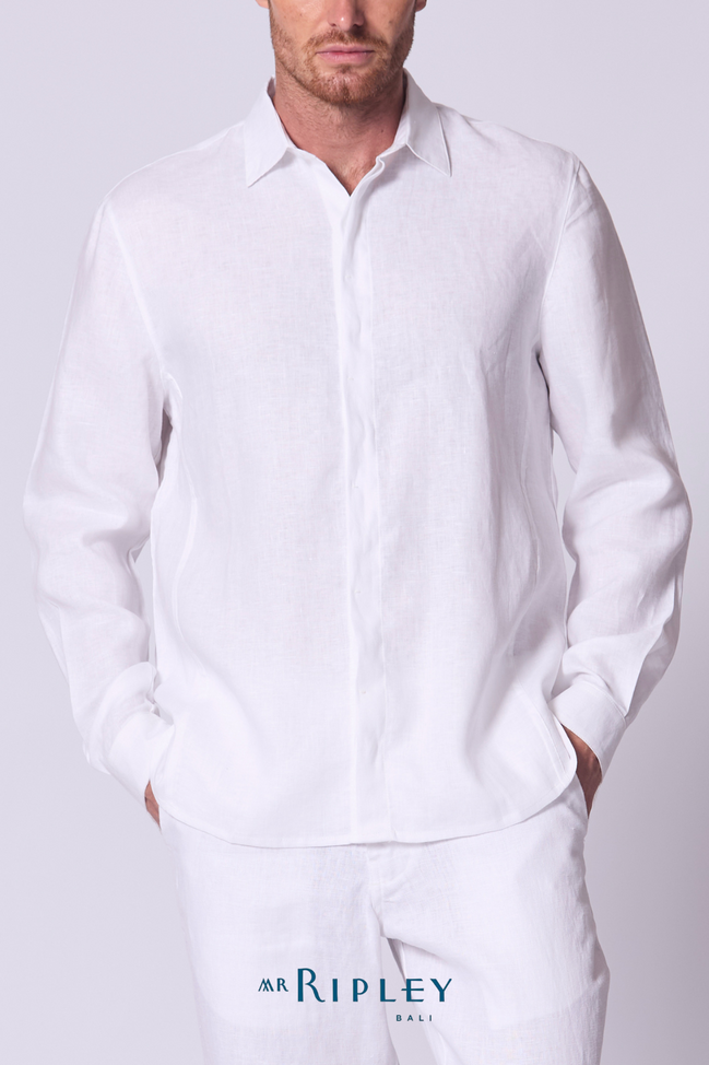 Kemeja Lengan Panjang Linen dengan Detail Jahitan Warna Putih