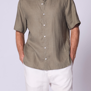 Short Sleeve Linen Shirt with Seam Detail in Olive Green
