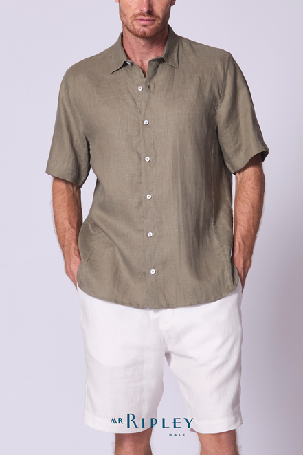 Short Sleeve Linen Shirt with Seam Detail in Olive Green