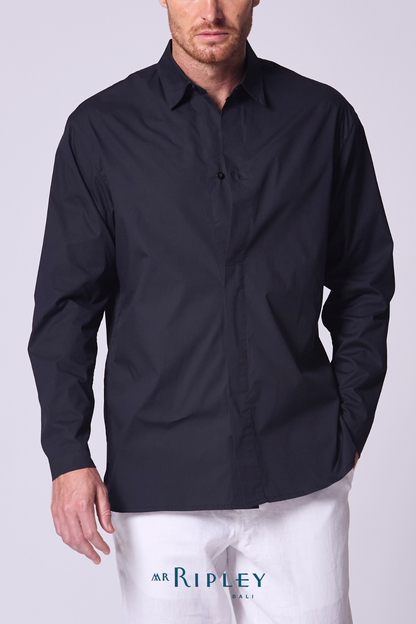 Tab Front Cotton Voile Shirt in Navy
