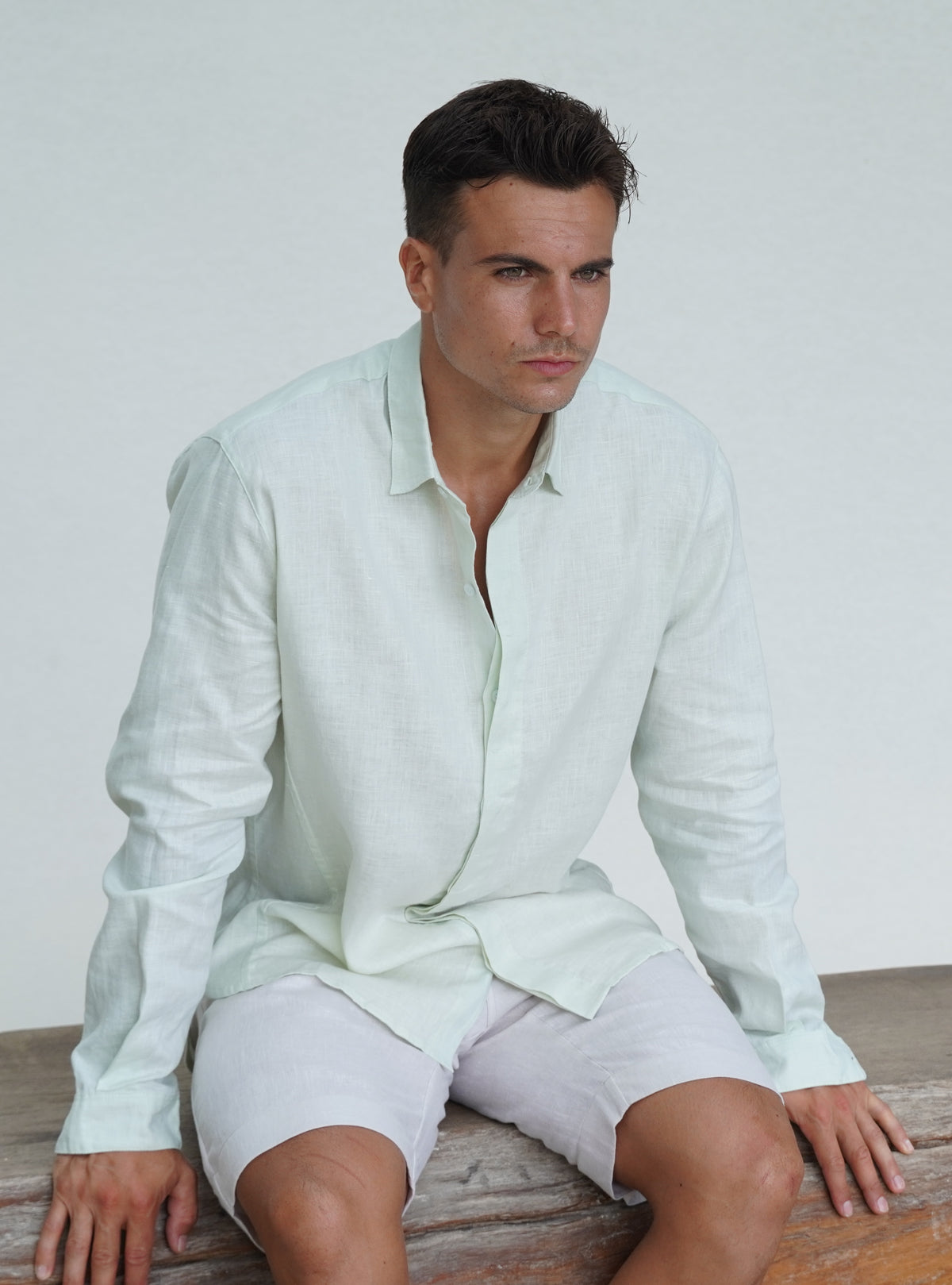 Long Sleeve Linen Shirt with Seam Detail Seafoam