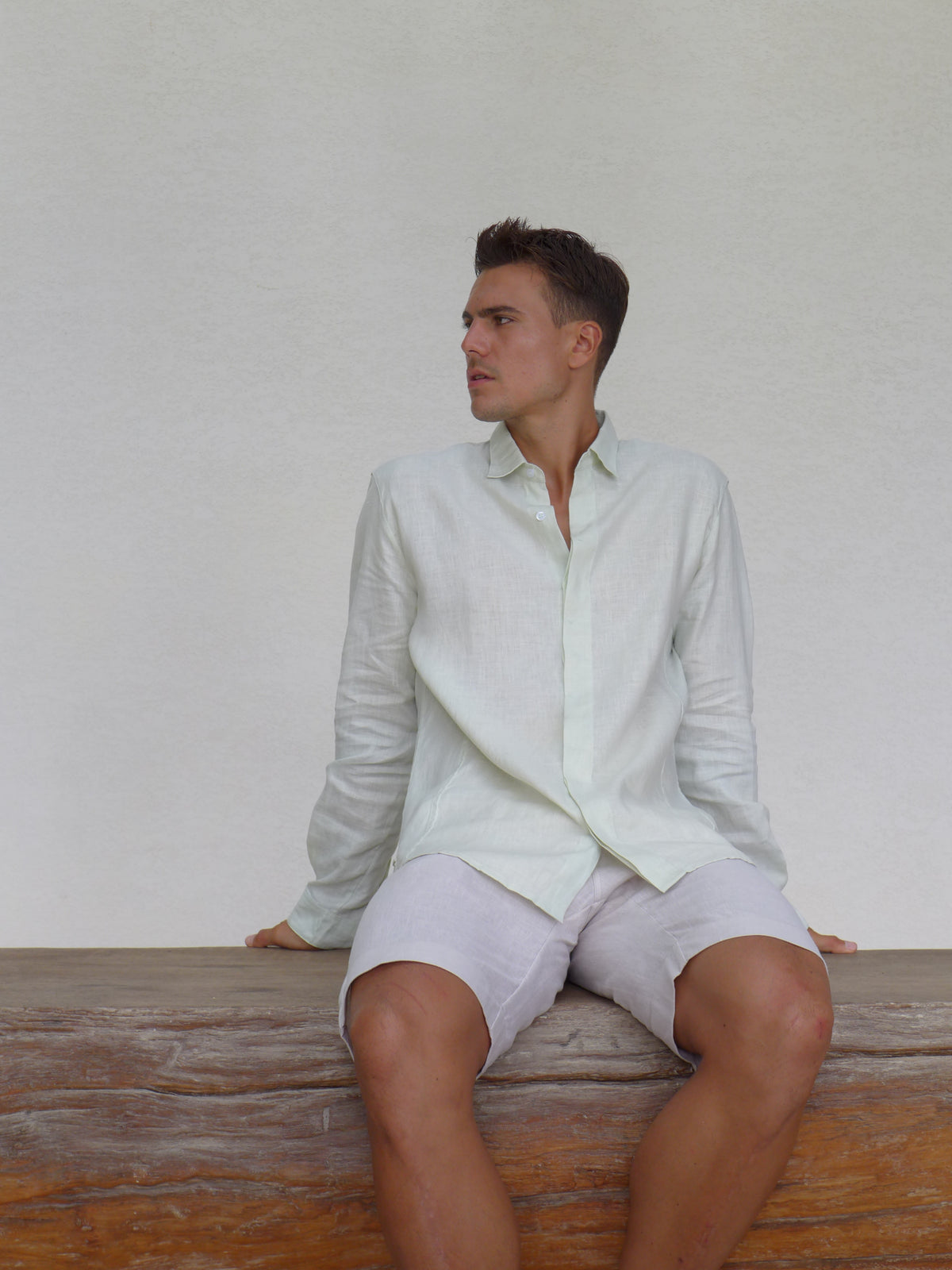 Long Sleeve Linen Shirt with Seam Detail Seafoam