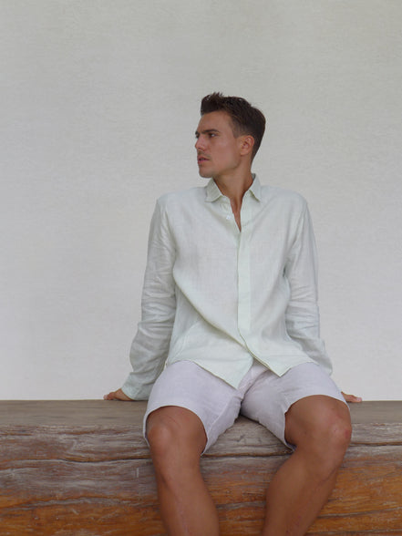 Long Sleeve Linen Shirt with Seam Detail Seafoam