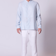 Classic Linen Mandarin Collar Bib Shirt in Chambray