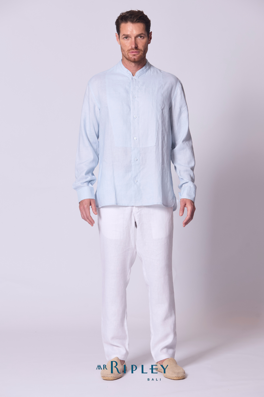 Classic Linen Mandarin Collar Bib Shirt in Chambray