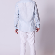 Classic Linen Mandarin Collar Bib Shirt in Chambray