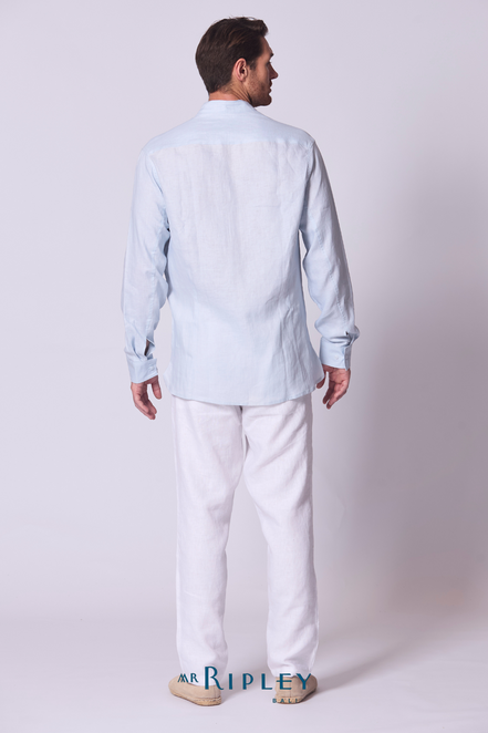 Classic Linen Mandarin Collar Bib Shirt in Chambray