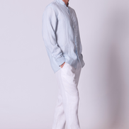 Classic Linen Mandarin Collar Bib Shirt in Chambray