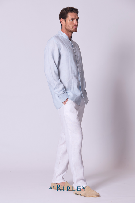 Classic Linen Mandarin Collar Bib Shirt in Chambray