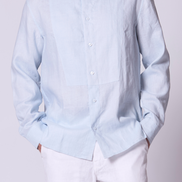 Classic Linen Mandarin Collar Bib Shirt in Chambray