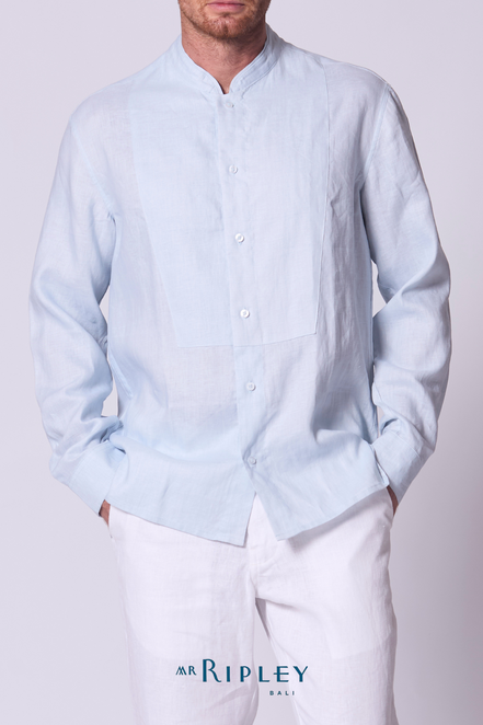 Classic Linen Mandarin Collar Bib Shirt in Chambray