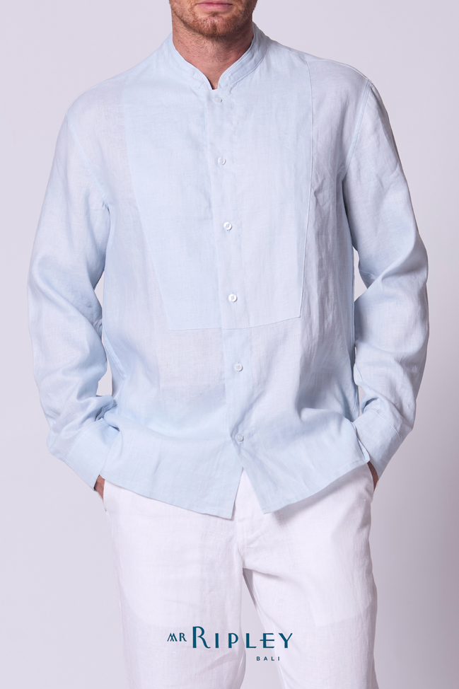 Classic Linen Mandarin Collar Bib Shirt in Chambray
