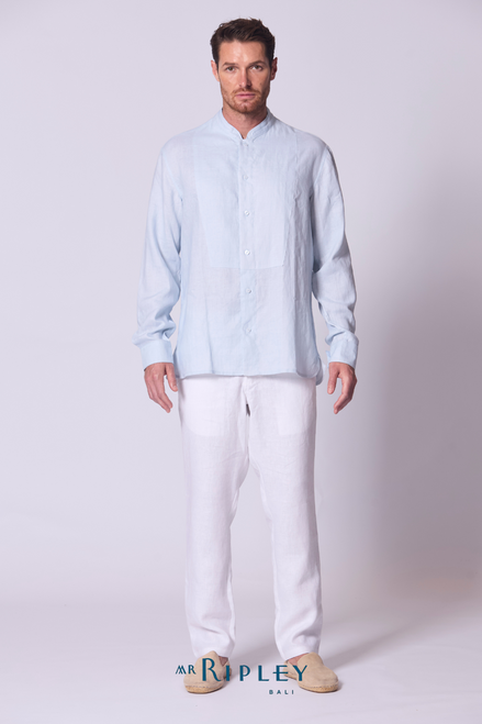 Classic Linen Mandarin Collar Bib Shirt in Chambray
