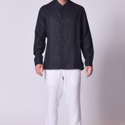 Classic Linen Mandarin Collar Bib Shirt in Navy