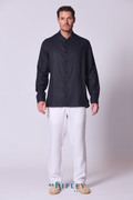 Classic Linen Mandarin Collar Bib Shirt in Navy