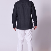 Classic Linen Mandarin Collar Bib Shirt in Navy