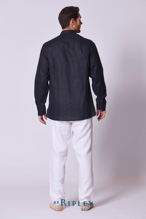 Classic Linen Mandarin Collar Bib Shirt in Navy