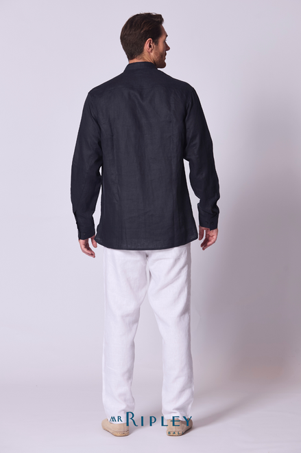 Classic Linen Mandarin Collar Bib Shirt in Navy