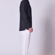 Classic Linen Mandarin Collar Bib Shirt in Navy