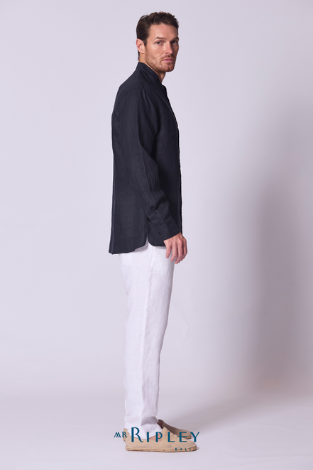 Classic Linen Mandarin Collar Bib Shirt in Navy